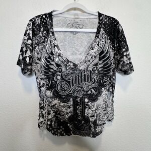 Sinful by Affliction Cross Biker Cropped T Shirt Y2K Style Grunge Distressed L